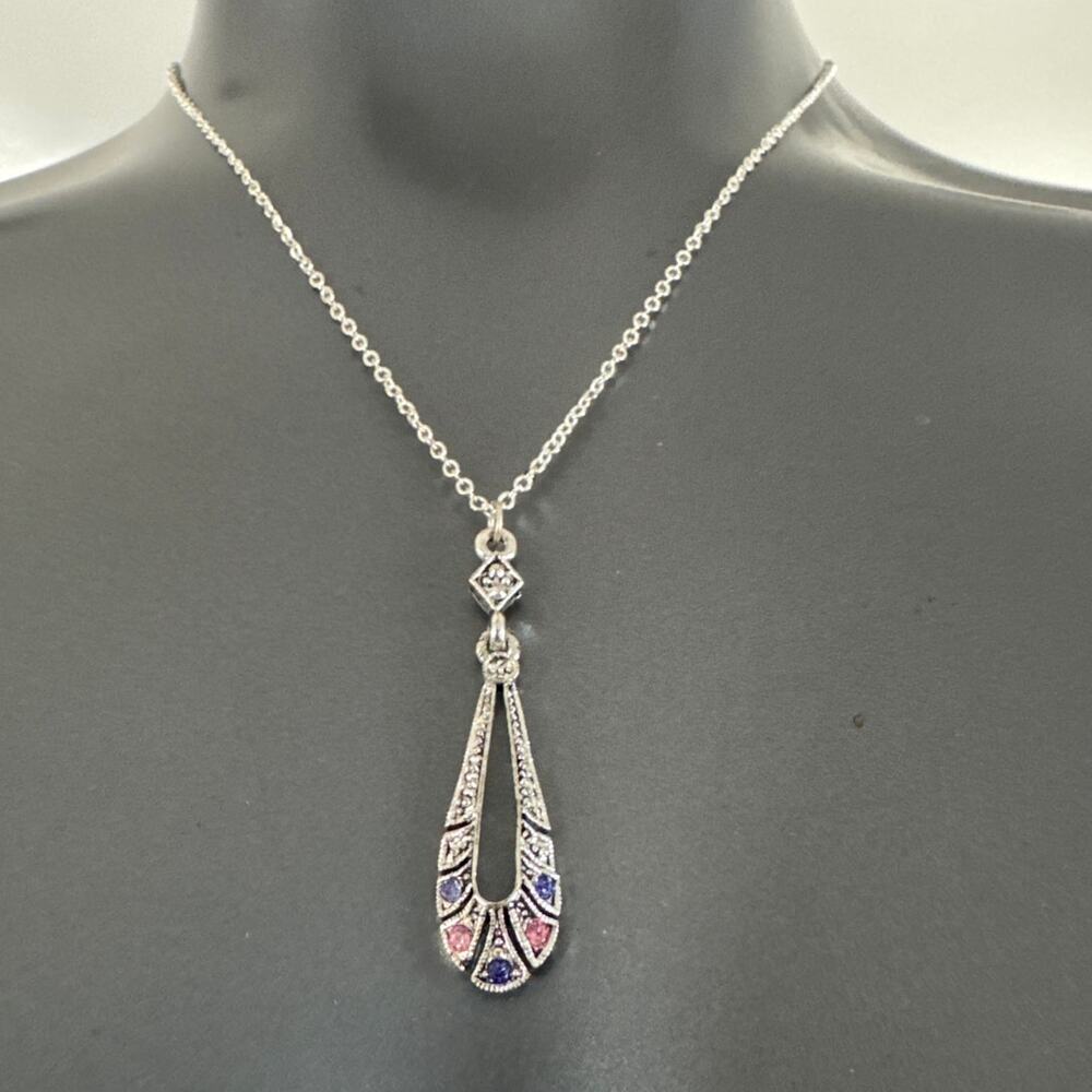 18" Adjustible Silver Tone Necklace 1 3/4" Purple Pink Stones Marcasite Pendant